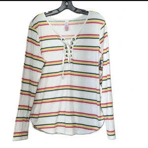 No Boundaries Womens Striped V Neck Lace Up Long Sleeve Top Size XXXL